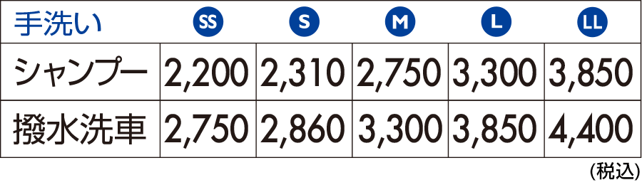 手洗い洗車価格表